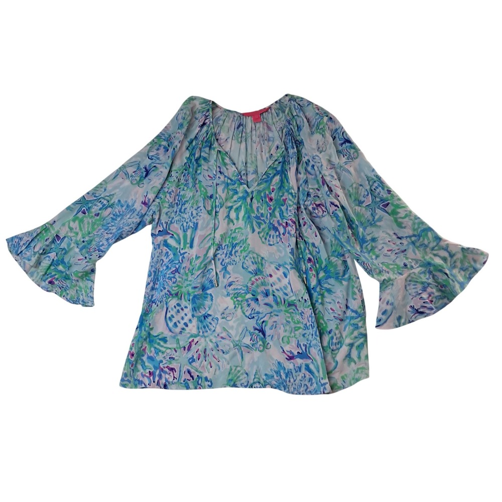 Lilly Pulitzer Willa Blouse Womens XL Blue Sea Shells Bell Sleeve Beach Tropical